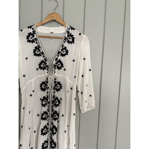Free People Fable Embroidered Boho Midi Dress S Small White Black 3/4 Sleeves - Picture 2 of 5